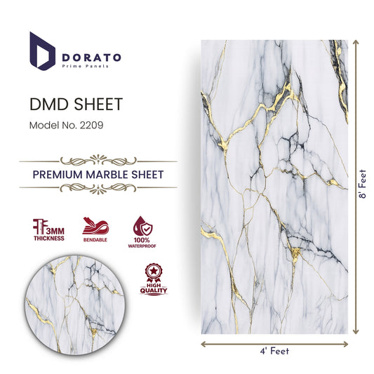 uv 2209 Dorato DMD Marble Sheet IMP 2209 – Premium White & Gold Marble Finish PVC Wall Panel (4ft x 8ft | 3mm)