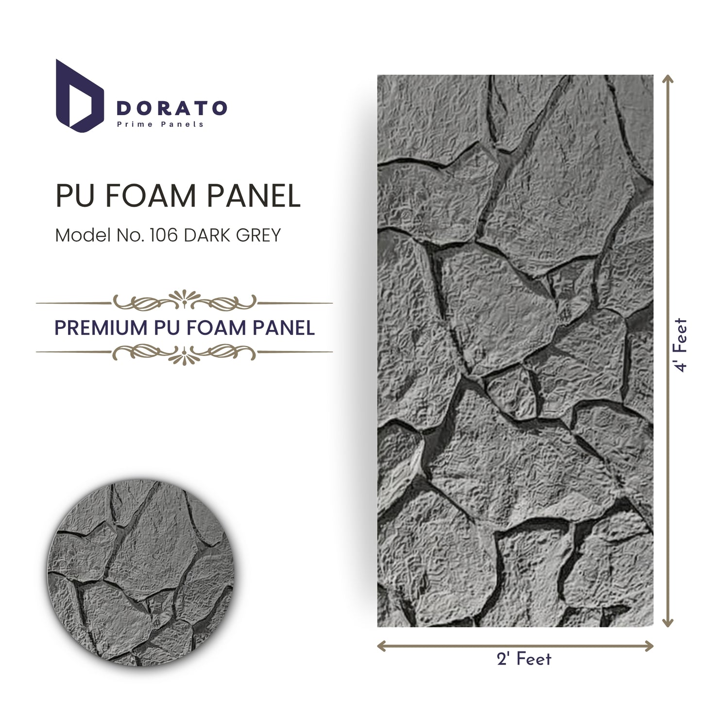 Dorato PU Foam Panel – Model 106 Dark Grey | Premium 3D Wall Panel (2ft x 4ft, 35mm Thickness)