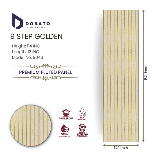 9 step 9046 Dorato 9 Step Golden Premium Fluted Panel | 9.5 Feet Decorative Wall Panel (Model 9046)