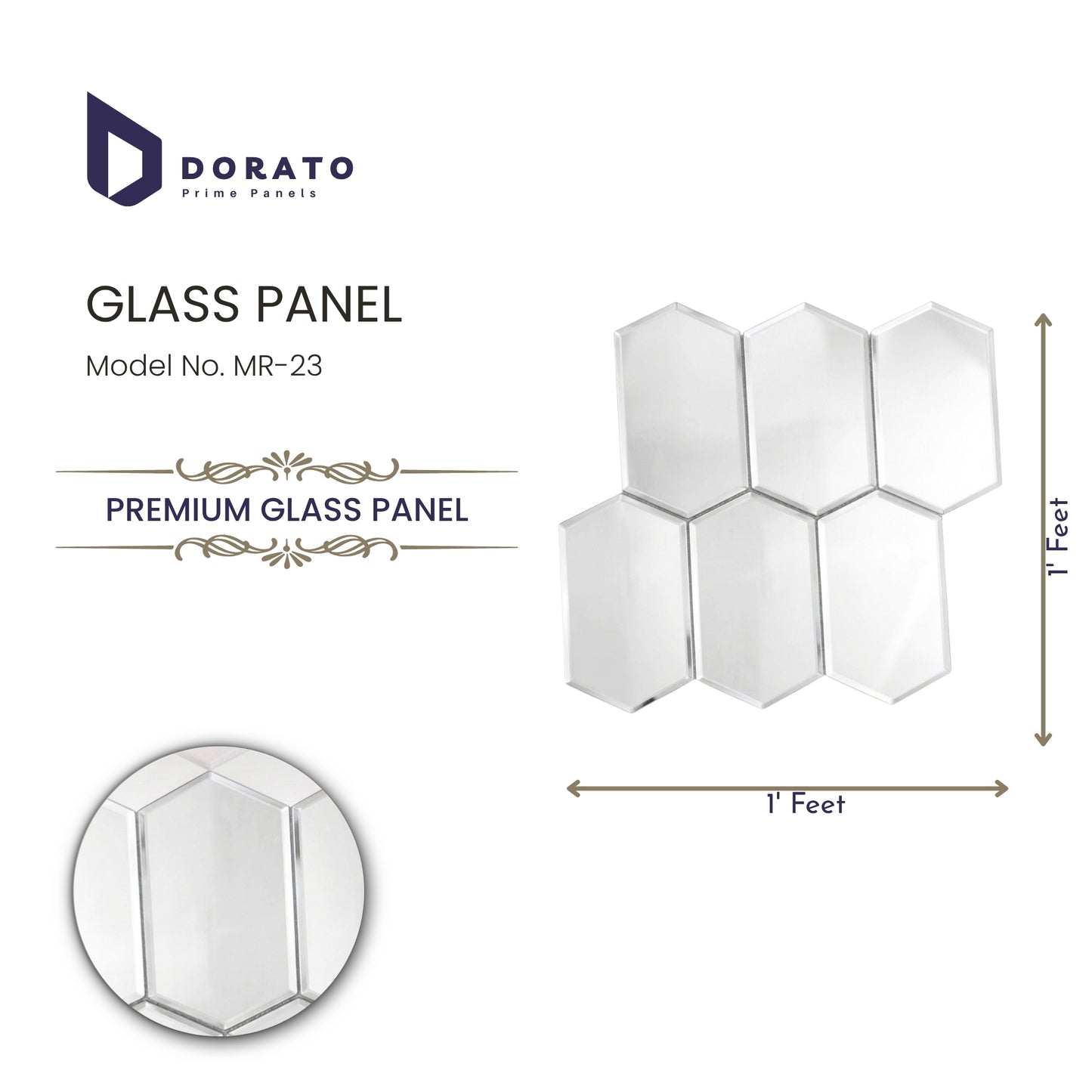 Dorato Premium Glass Panel MR-23 – Decorative Hexagon Mirror Wall Tile (1 ft x 1 ft)