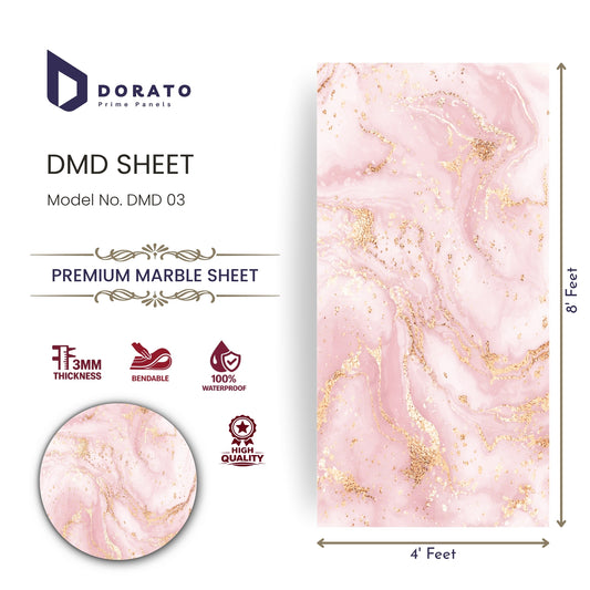 uv 30 Dorato DMD Marble Sheet No. 30 – Pink & Gold Marble Design Wall Panel (4ft x 8ft | 3mm | Waterproof PVC Sheet)