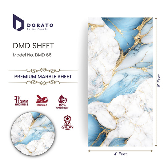 UV 66 Dorato DMD Marble Sheet No. 66 – Premium Blue & White Marble Finish Wall Panel (4ft x 8ft, 3mm, Waterproof)
