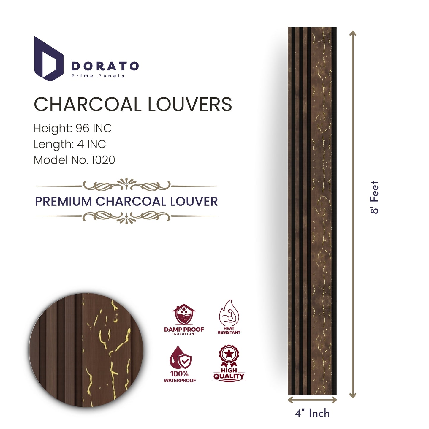 Premium Charcoal Louvers Panel | 8 Feet Height | Waterproof & Heat Resistant | Model 1020