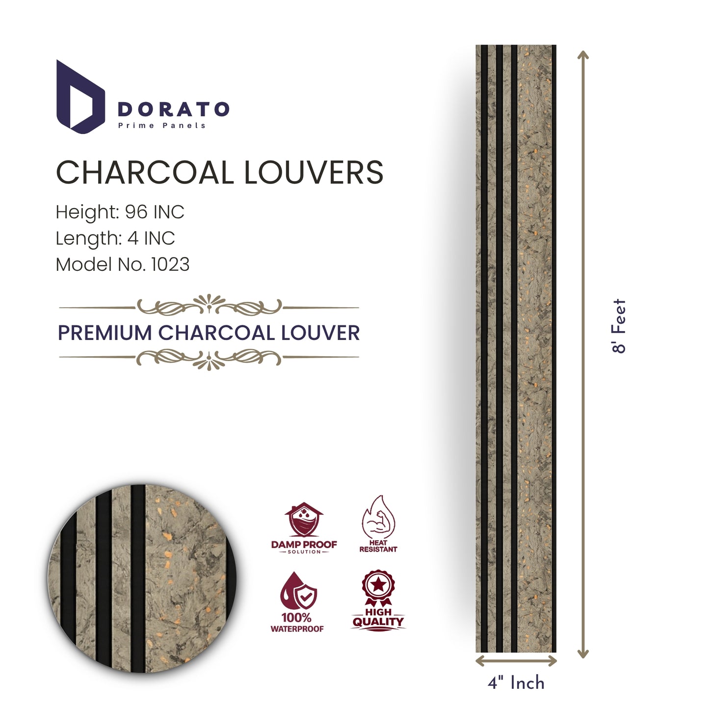 Dorato Prime Panels Charcoal Louvers – Premium Decorative Wall Panel (8 Feet × 4 Inch) | Model 1023