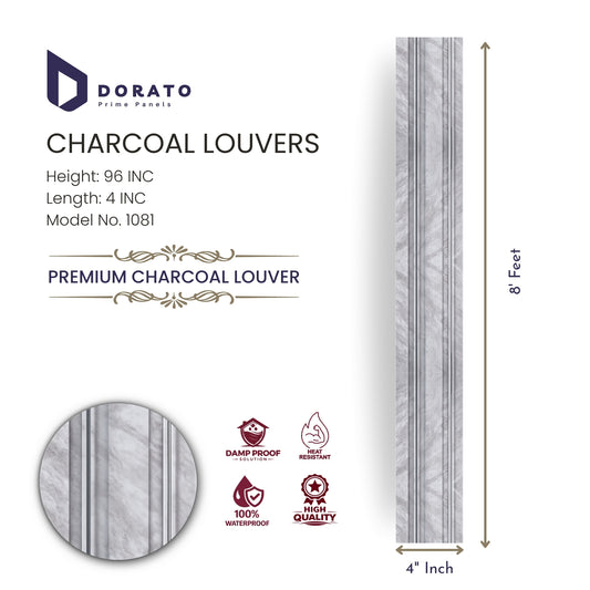 CHARCOAL 1081 Dorato Prime Panels Premium Charcoal Louvers – Model 1081 | 8 Feet x 4 Inch | Waterproof & Heat Resistant Wall Panel