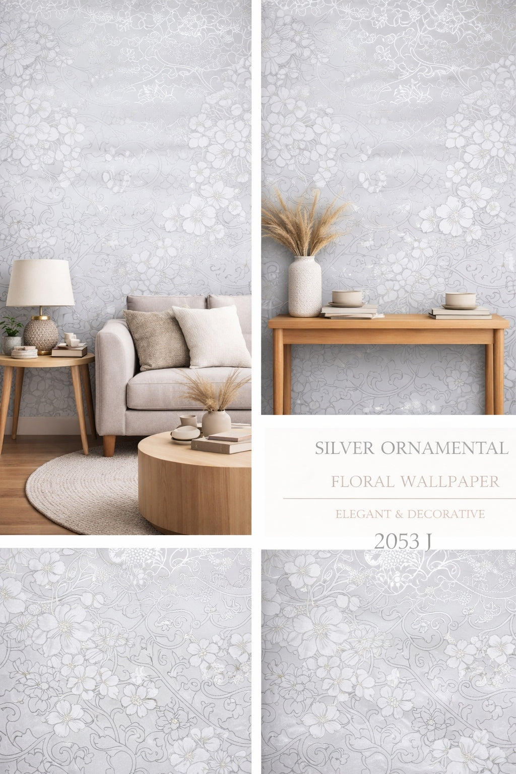 Silver Ornamental Floral Wallpaper (Free Installation)