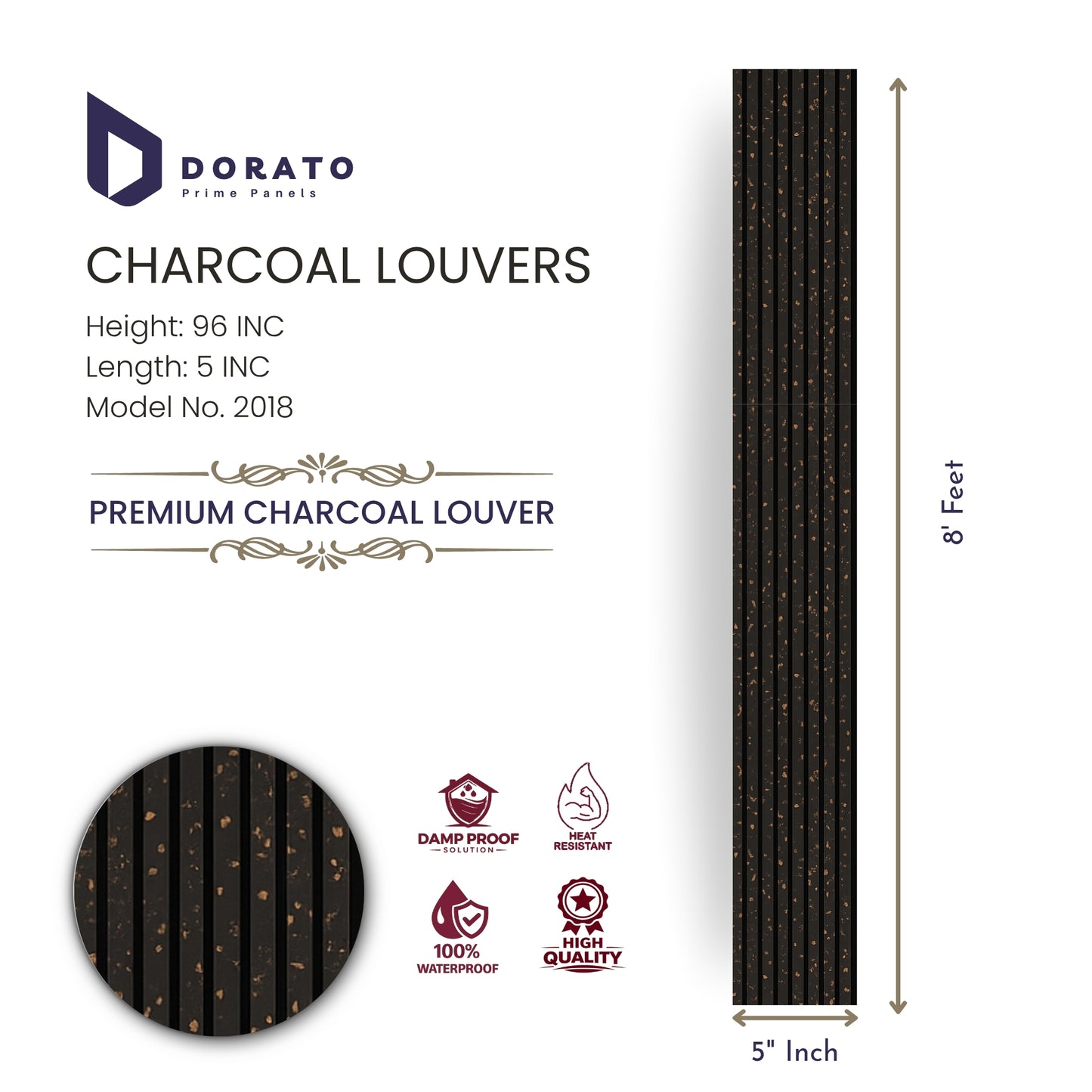2018 Dorato Prime Charcoal Louvers Panel – 8 Feet x 5 Inch | Premium Waterproof Wall Louvers | Model 2018
