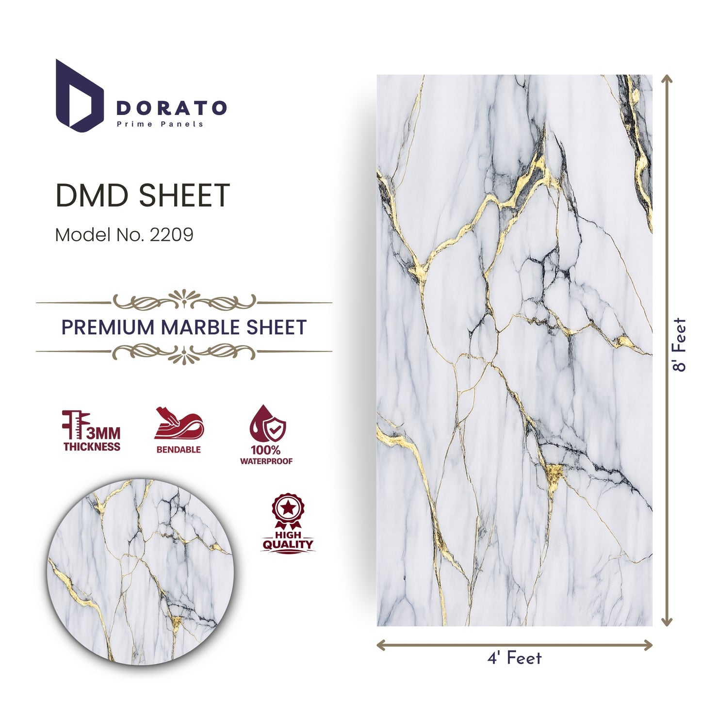 uv 2209 Dorato DMD Marble Sheet IMP 2209 – Premium White & Gold Marble Finish PVC Wall Panel (4ft x 8ft | 3mm)