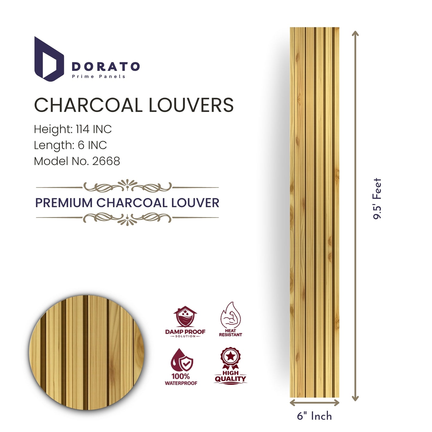 Charcoal 2668 Dorato Prime Panels Premium Charcoal Louvers Wall Panel – Model 2668 (114" x 6") Waterproof & Heat Resistant