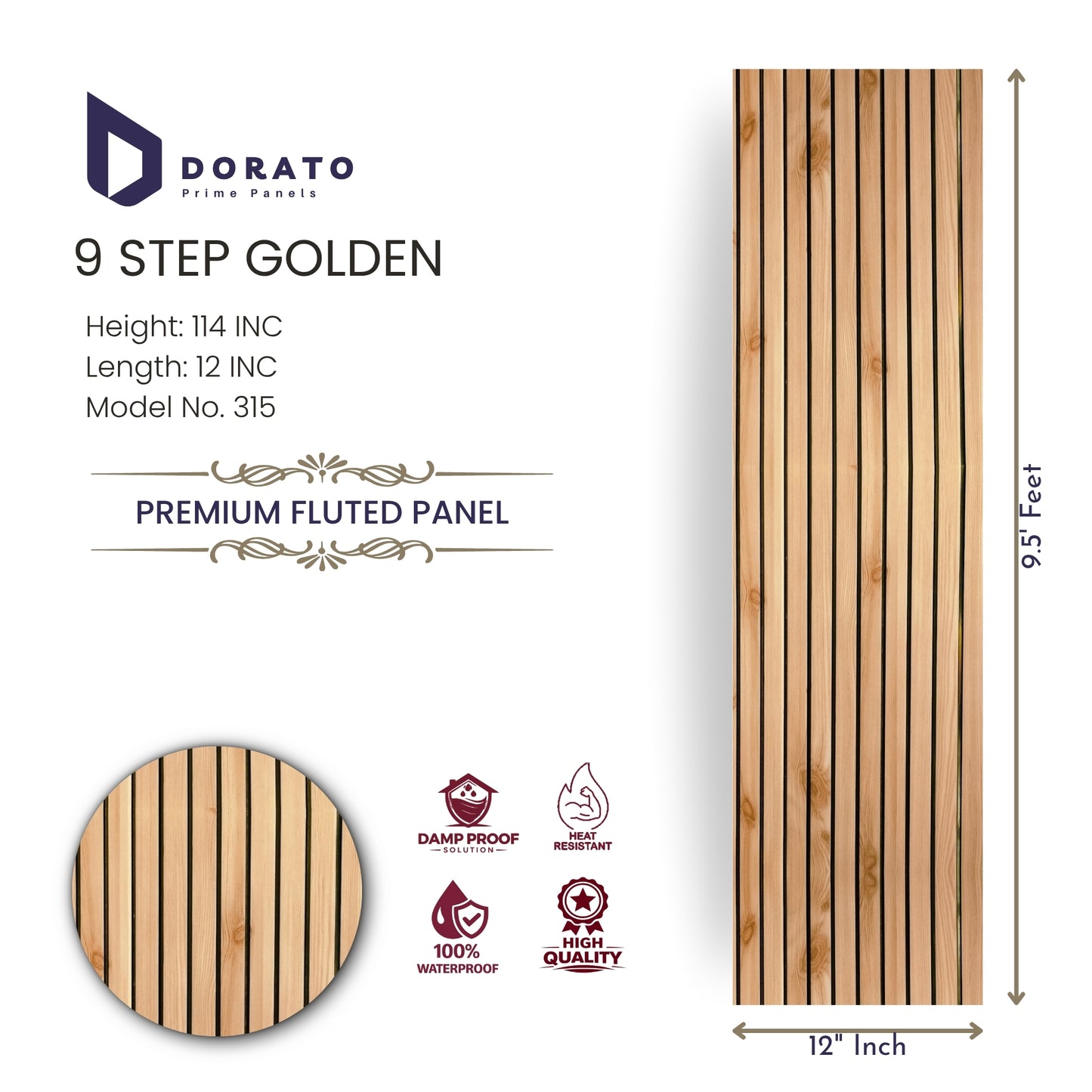 Fluted 315 Dorato 9 Step Golden Premium Fluted Panel | Waterproof, Heat Resistant Wall Panel (Model 315)