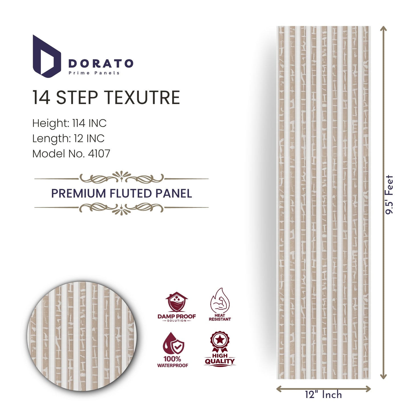 Fluted 4107 14 step 4107 Dorato 14 Step Texture Premium Fluted Wall Panel – Model 4107 | 9.5 ft Height | 12 Inch Width | Waterproof Decorative Panel