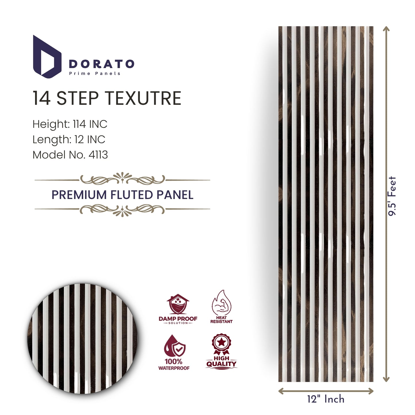 Fluted 4113 Dorato Prime 14 Step Texture Premium Fluted Wall Panel – 9.5ft x 12in Waterproof Decorative Interior Panel (Model 4113)