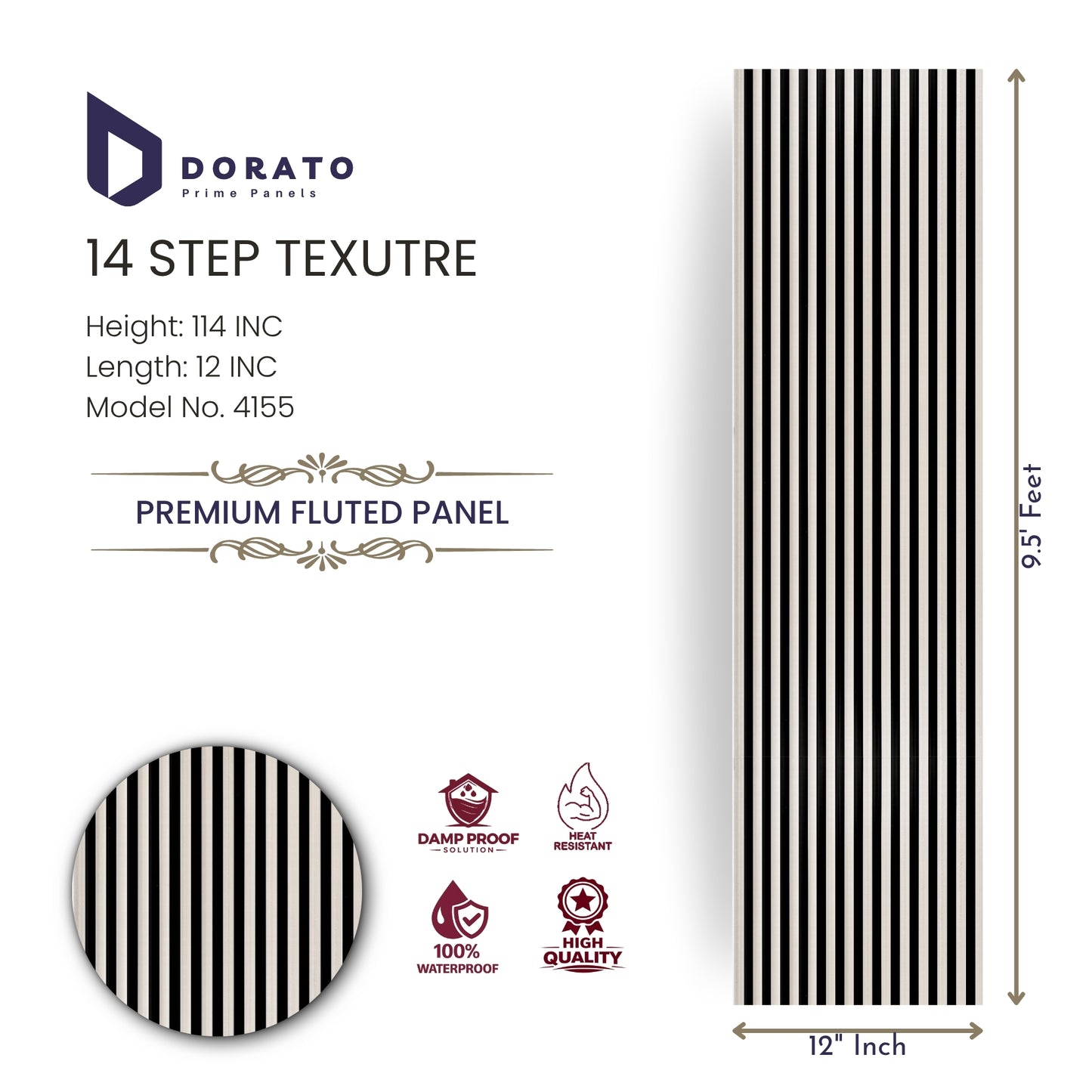14 step 4155 Dorato Premium Fluted Panel – 14 Step Texture Wall Panel | Model 4155 | 9.5 ft x 12 inch | Waterproof Decorative Wall Panel