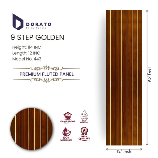 Fluted  443 9 Step Golden Premium Fluted Panel (Model 443) – Waterproof, Heat Resistant Wall Panel (9.5 ft x 12 inch)