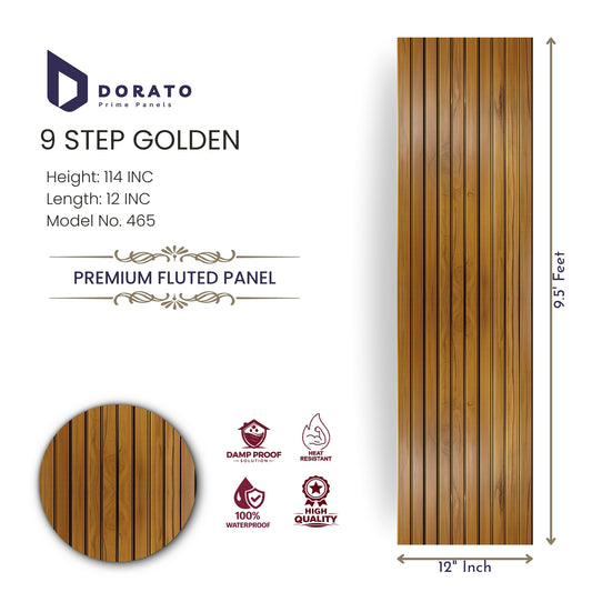 Fluted 465 Dorato 9 Step Golden Premium Fluted Wall Panel – 9.5 ft x 12 Inch | Waterproof & Heat Resistant | Model 465