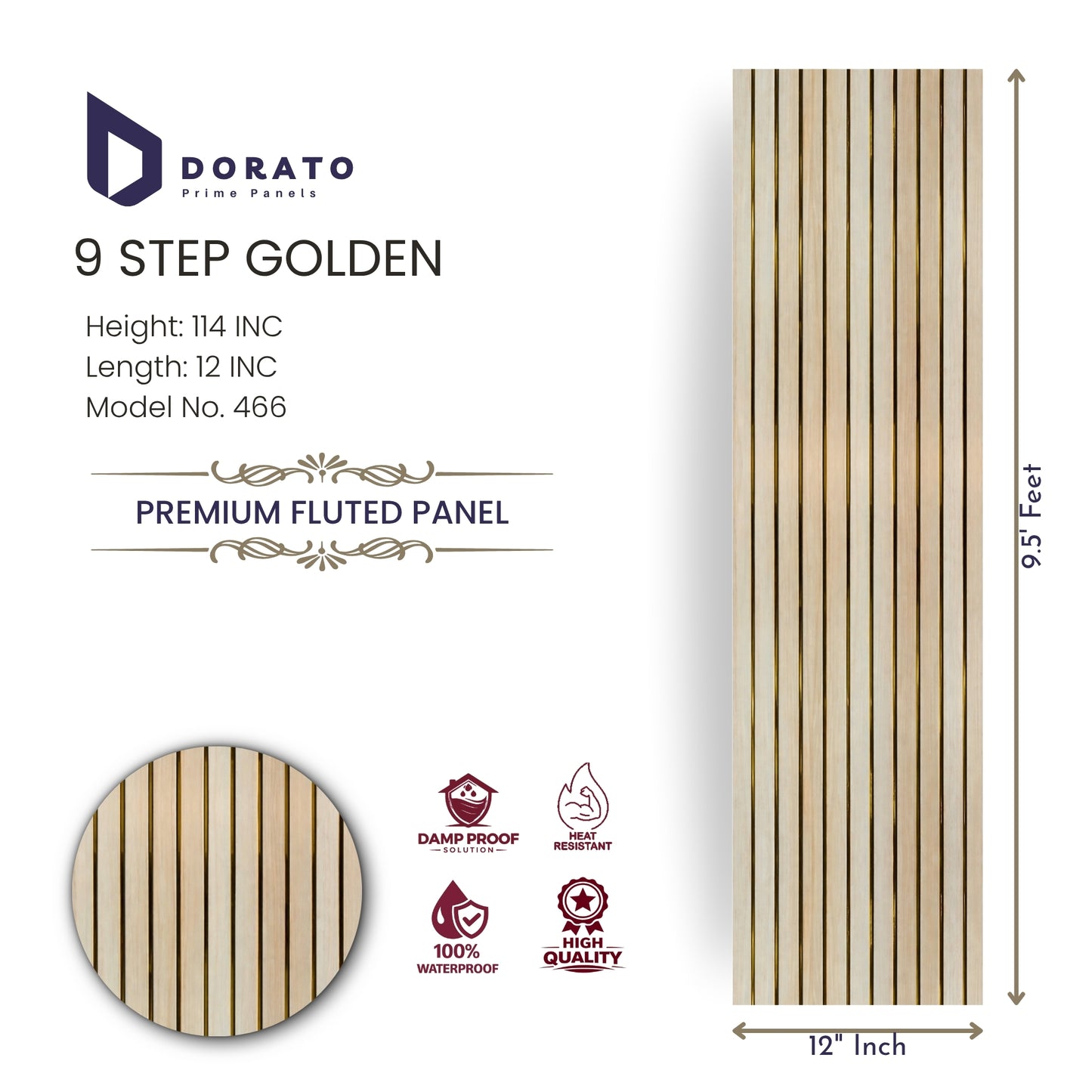 Fluted  466 9 Step Golden Premium Fluted Panel | Waterproof & Heat Resistant Wall Panel (9.5 Ft x 12 Inch)
