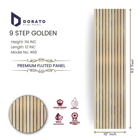 Fluted  466 9 Step Golden Premium Fluted Panel | Waterproof & Heat Resistant Wall Panel (9.5 Ft x 12 Inch)