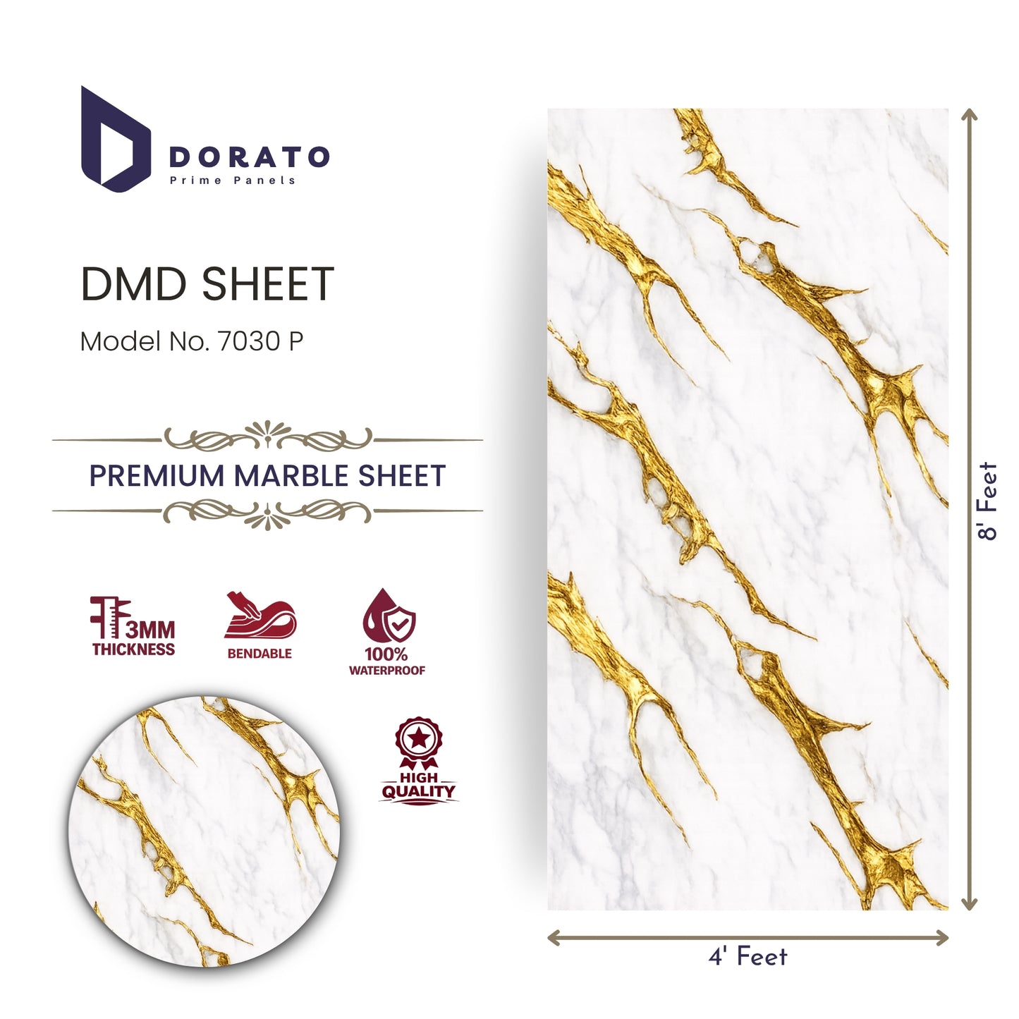 Uv 7030 Dorato UV Marble Sheet – Model 7030 P | Premium PVC Wall Panel (4ft x 8ft | 3mm Thickness | Waterproof Decorative Wall Sheet)