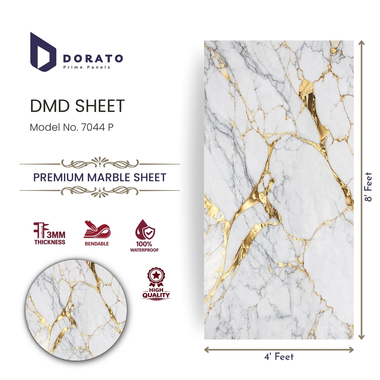 UV 7044 Dorato UV Marble Sheet – Model 7044 P | White & Gold Marble Design Wall Panel (4 Ft x 8 Ft)
