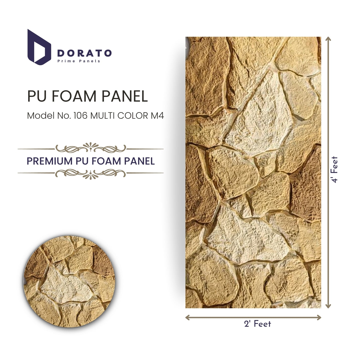 Dorato PU Foam Panel – Model 106 Multi Color M4 | Premium Stone Texture Wall Panel | 2x4 Feet | 35mm Thickness