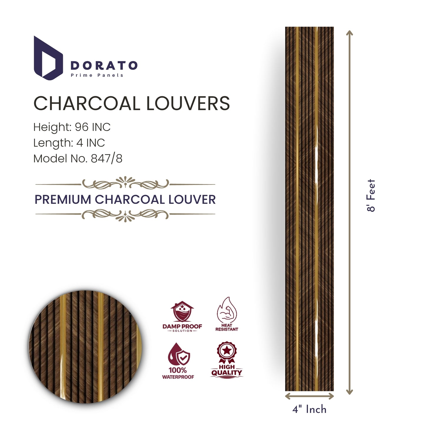 Charcoal 847/8 Premium Charcoal Louvers Panel – 8 Feet Height | 4 Inch Width | Model 847/8 | Waterproof & Heat Resistant