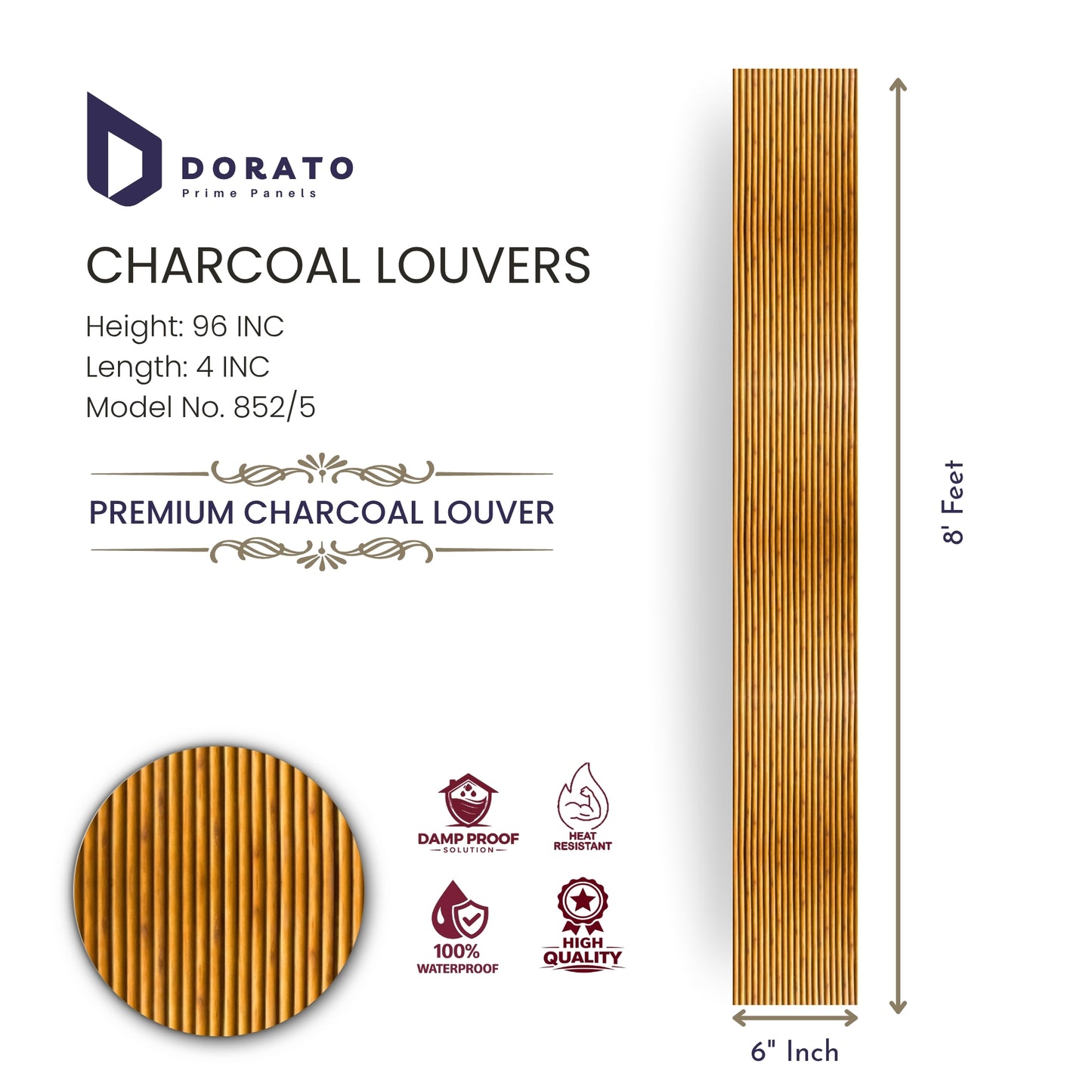 Charcoal 852/5 Premium Charcoal Louvers Wall Panel (8 Feet x 6 Inch) | Model 852/5 | Waterproof & Heat Resistant Decorative Panel