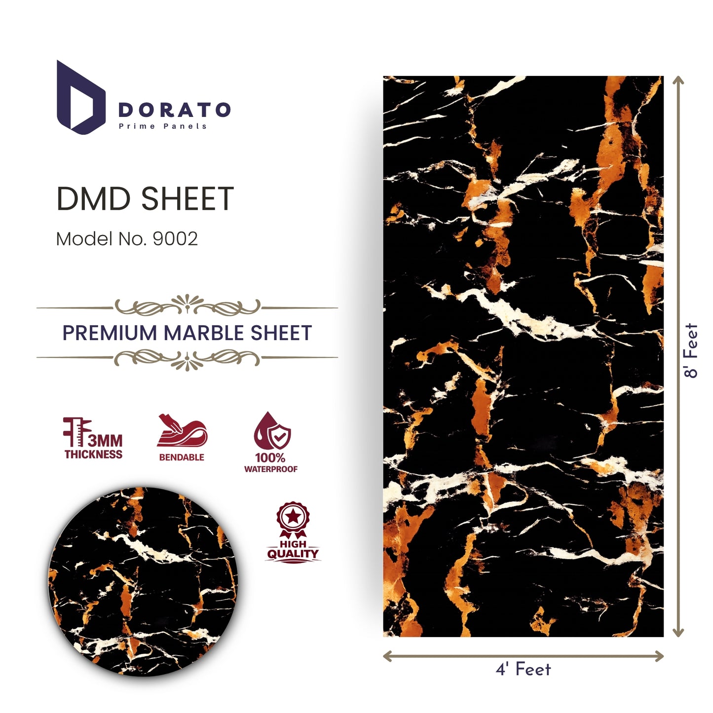 UV 9002 Dorato UV Marble Sheet – Model 9002 | Premium Black & Gold Marble Finish Wall Panel (4ft x 8ft, 3mm)