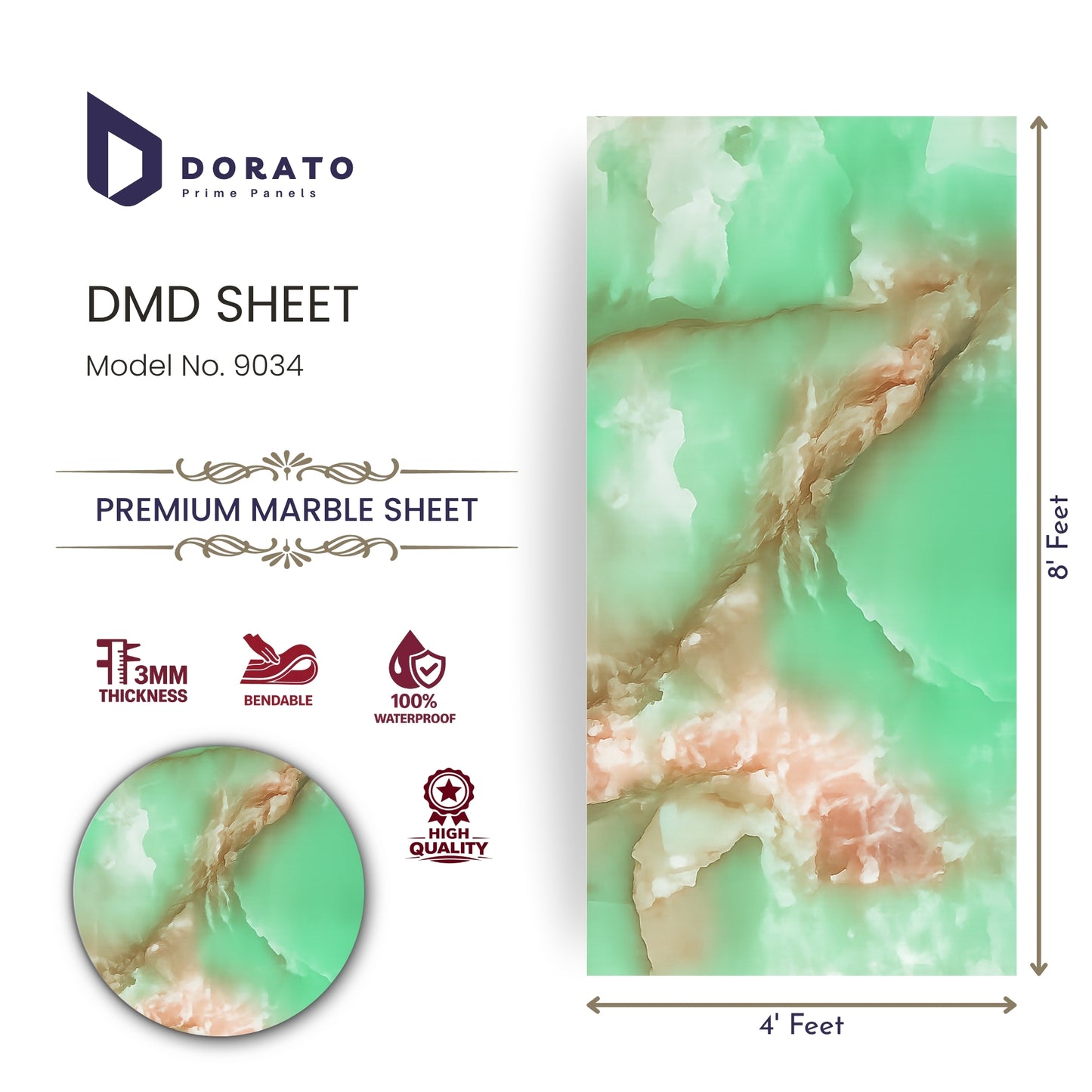 uv 9034 Dorato UV Marble Sheet – Model 9034 | Premium Green Marble Finish Wall Panel (4ft x 8ft | 3mm Thick)