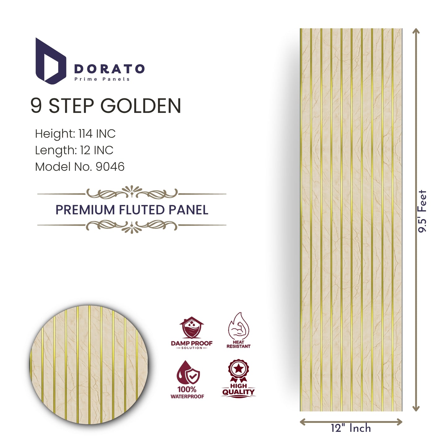 9 step 9046 Dorato 9 Step Golden Premium Fluted Panel | 9.5 Feet Decorative Wall Panel (Model 9046)