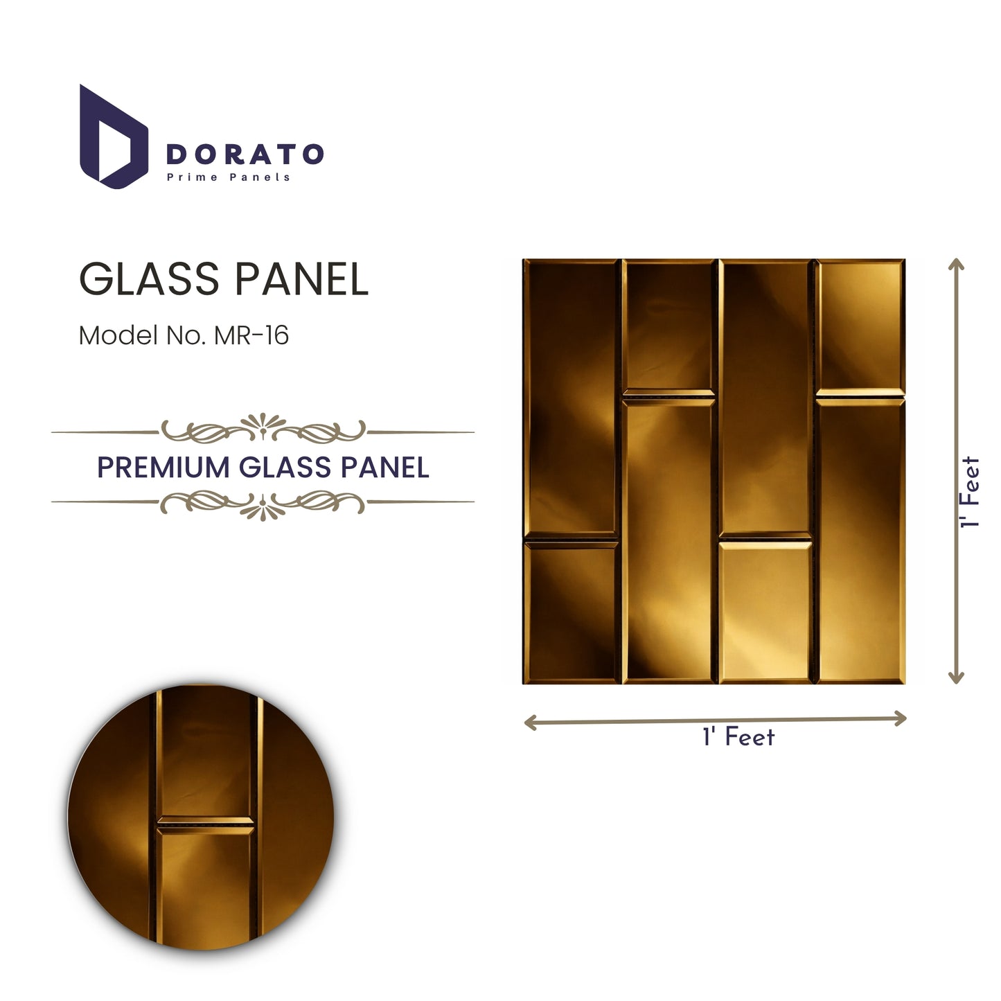 Dorato Premium Glass Panel MR-16 | Designer Golden Wall Panel | 1ft x 1ft