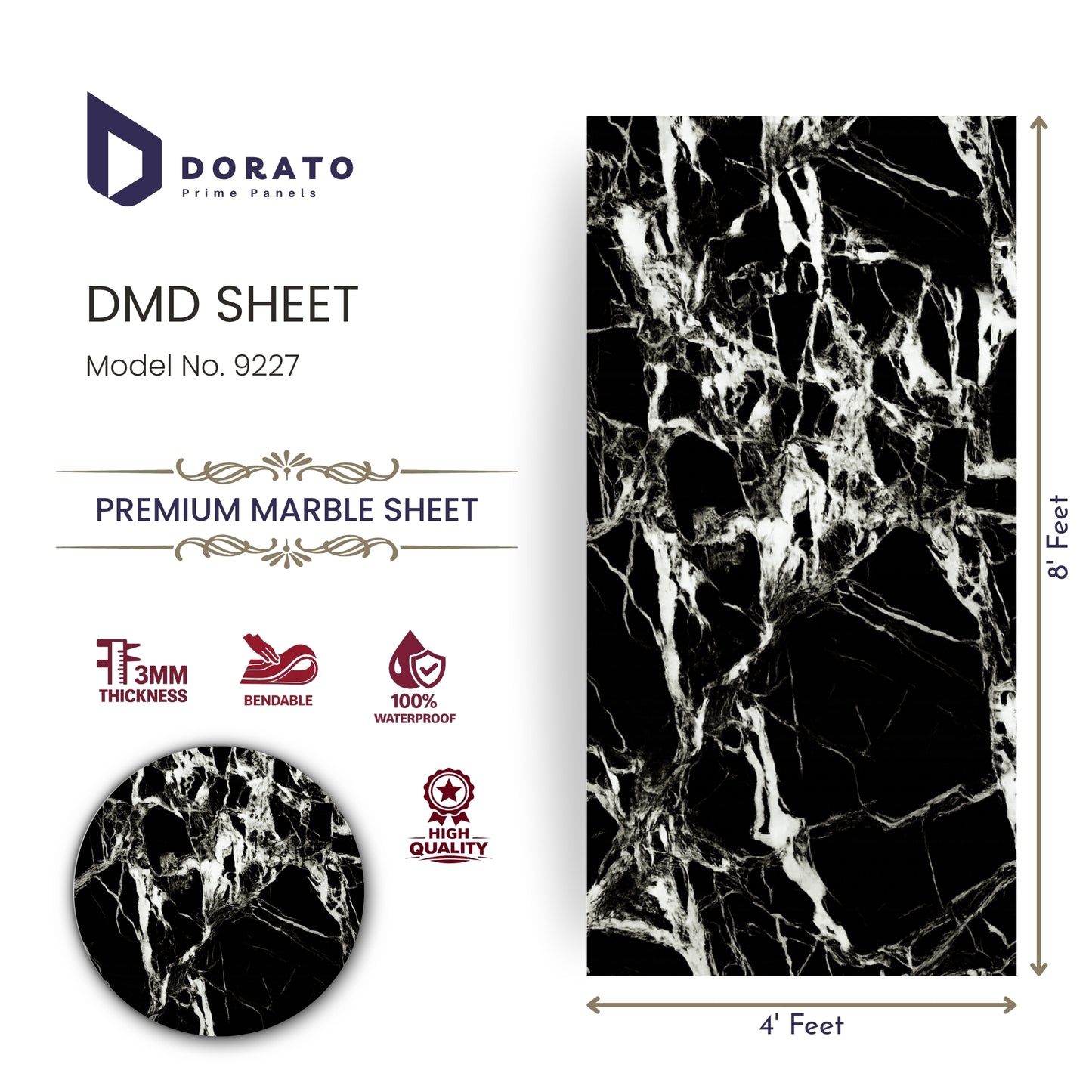 uv 9227 Dorato UV Marble Sheet – Model 9227 | Black Marble Design PVC Wall Panel (4 ft x 8 ft)