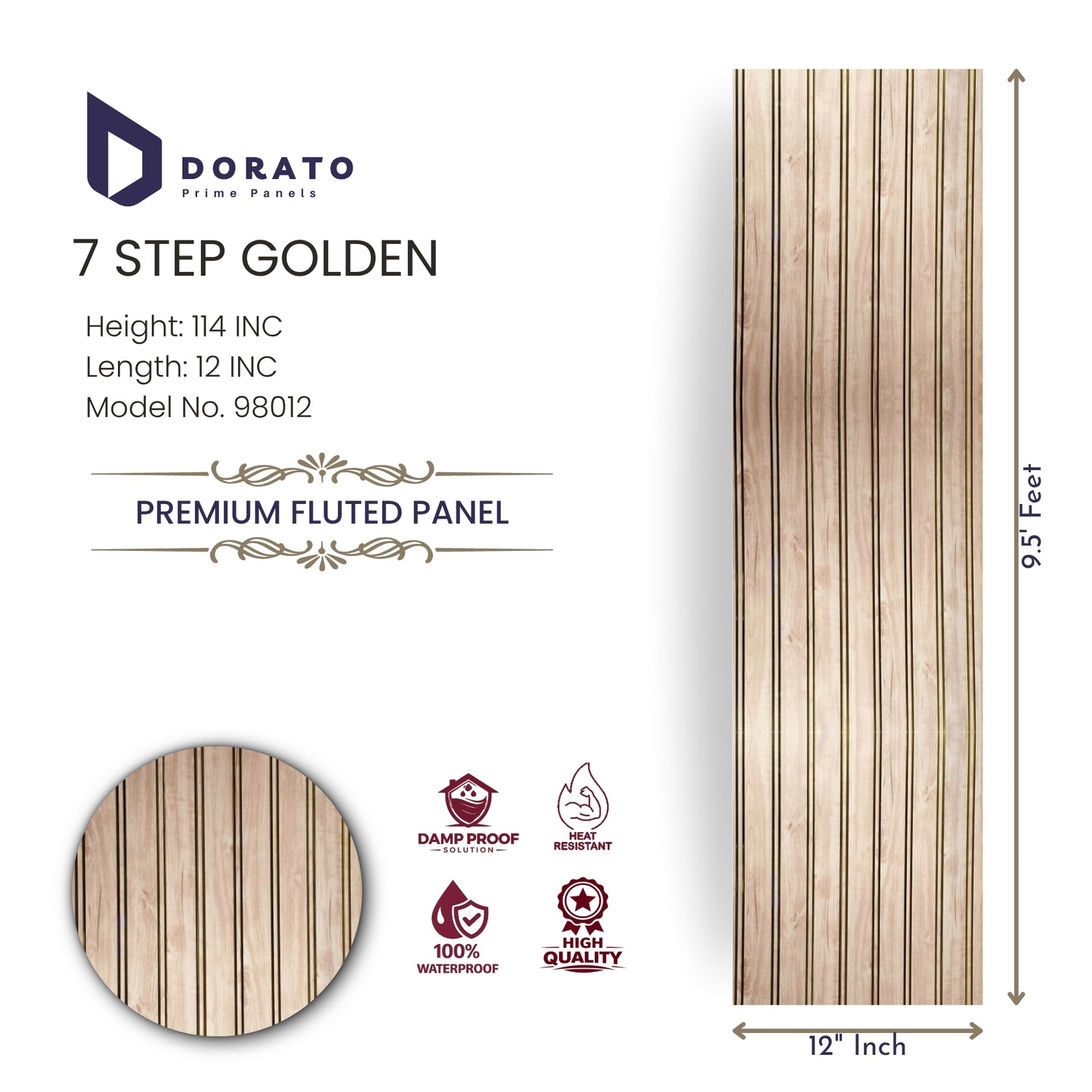 7 step 98012 Dorato 7 Step Golden Premium Fluted Wall Panel – 9.5 ft x 12 inch | Waterproof & Damp Proof (Model 98012)