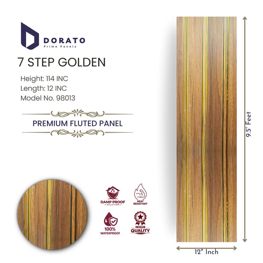 7 step 98013 Dorato Prime Panels 7 Step Golden Premium Fluted Wall Panel – 9.5 ft x 12 inch (Model 98013)