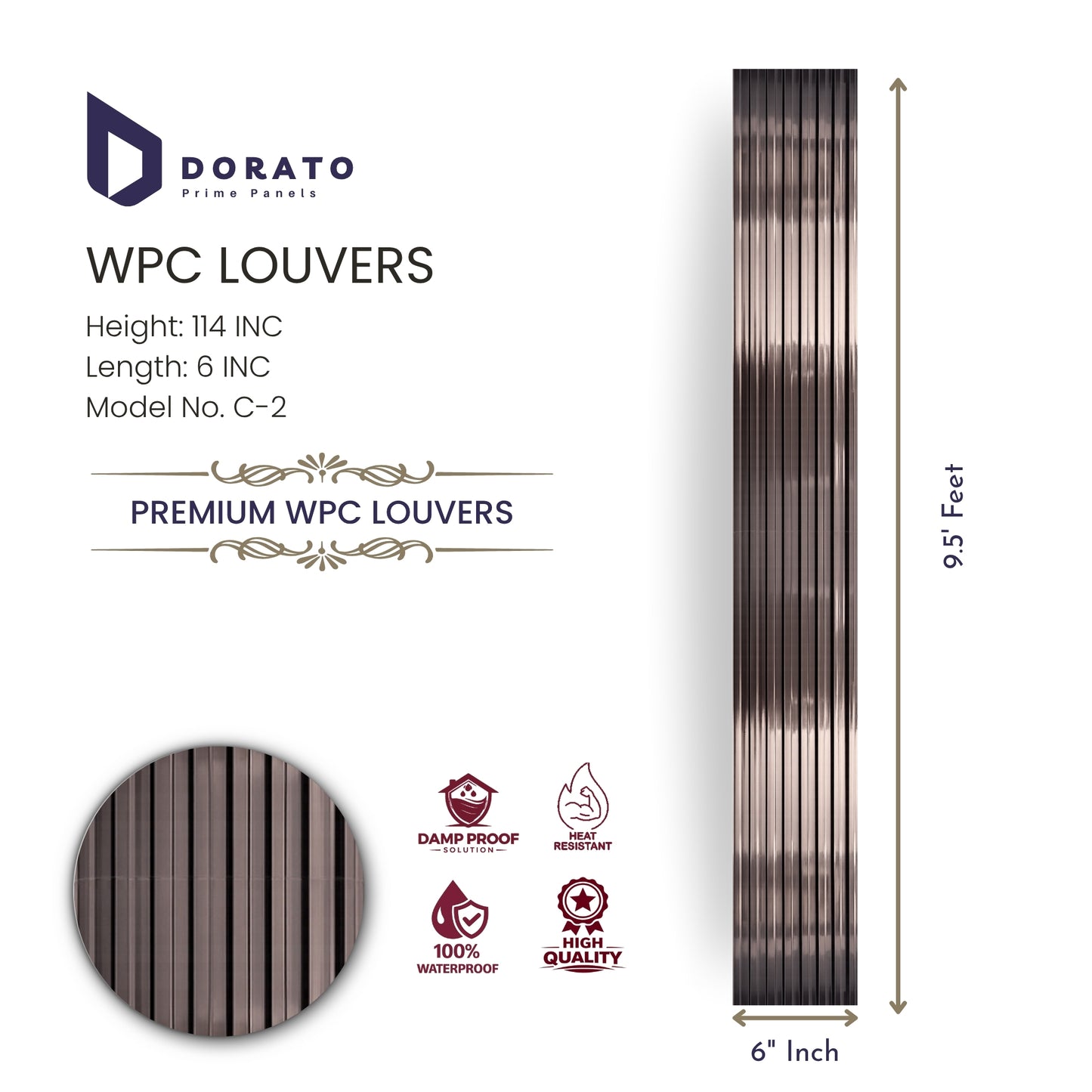 WPC C2 Dorato Premium WPC Louvers Wall Panel – Model C-2 | 9.5 ft x 6 inch | Waterproof & Heat Resistant Decorative Wall Panel