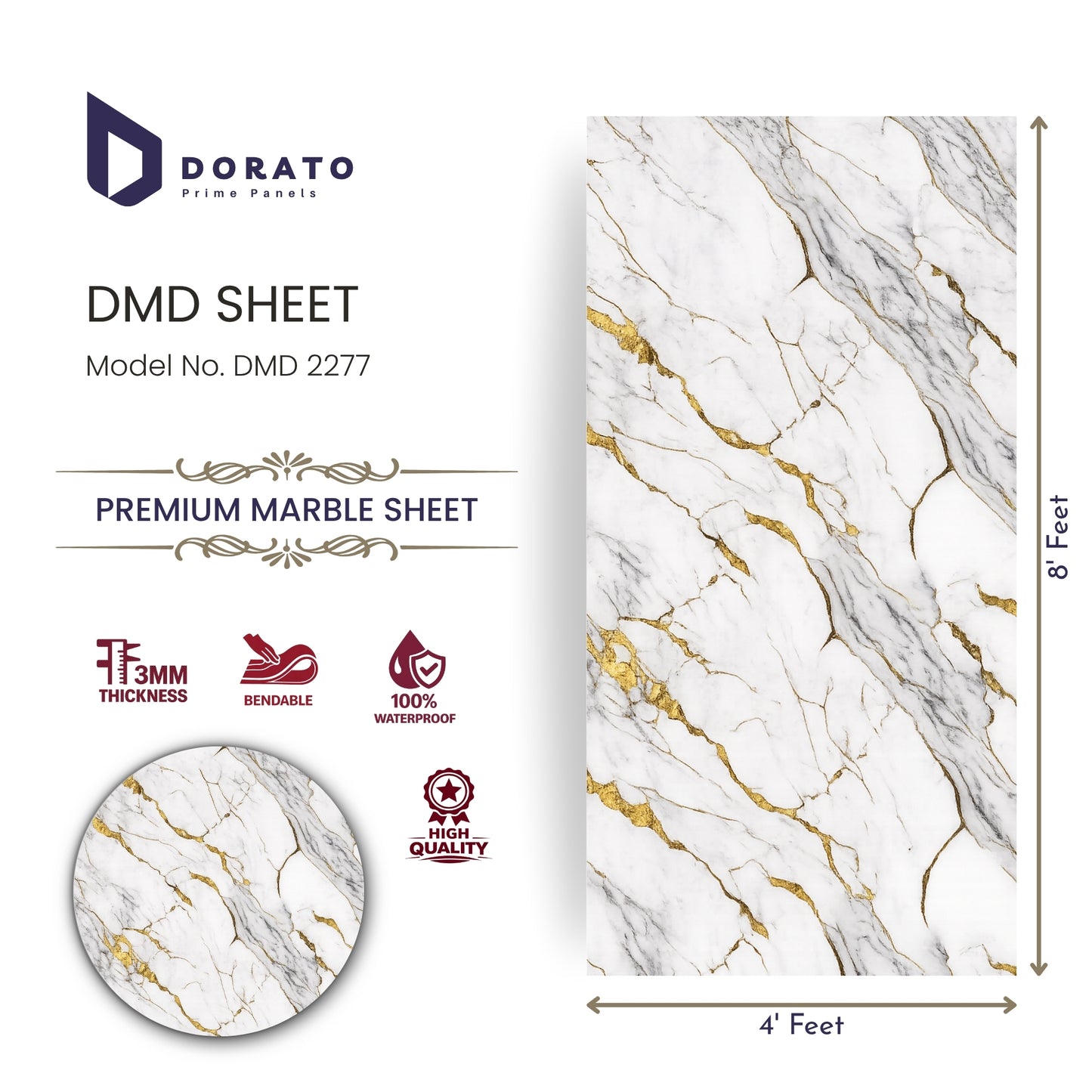 uv 2277 Uv sheet 2277 Dorato DMD Marble Sheet – Model 2277 | Premium Waterproof PVC Wall Panel (4ft x 8ft, 3mm Thickness)