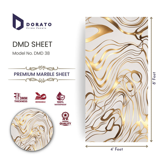 UV 38 Dorato DMD Marble Sheet – Model DMD 38 | Premium Gold Abstract Wall Panel (4ft x 8ft, 3mm Thickness, Waterproof)