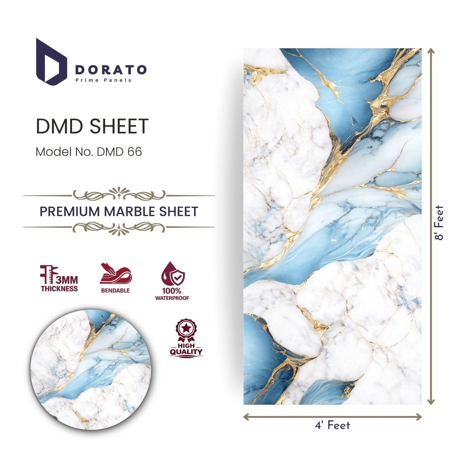 UV 66 Dorato DMD Marble Sheet No. 66 – Premium Blue & White Marble Finish Wall Panel (4ft x 8ft, 3mm, Waterproof)