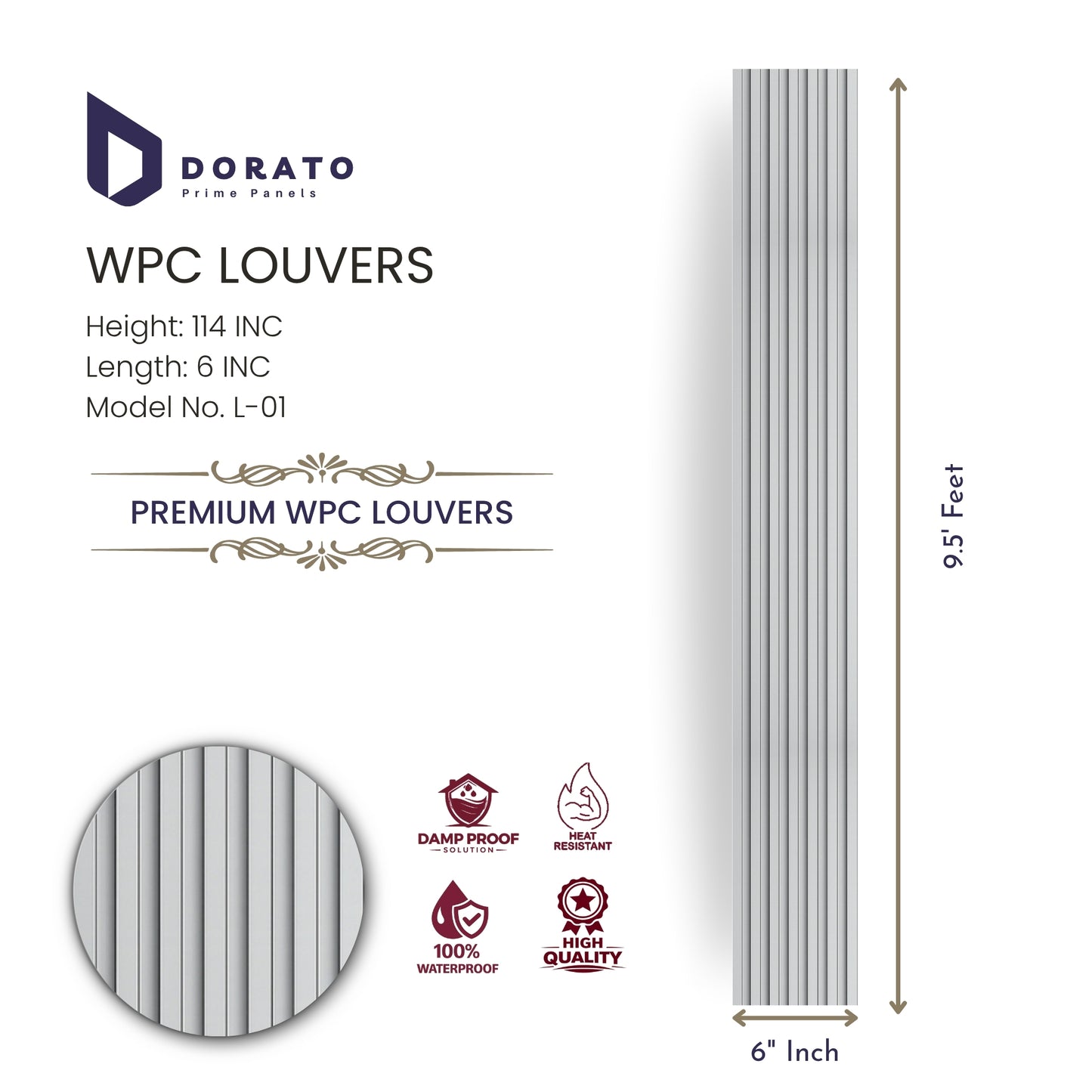 WPC L01 Dorato Premium WPC Louvers Panel – Model L-01 | 9.5 Ft x 6 Inch Decorative Wall Louvers | Waterproof & Heat Resistant